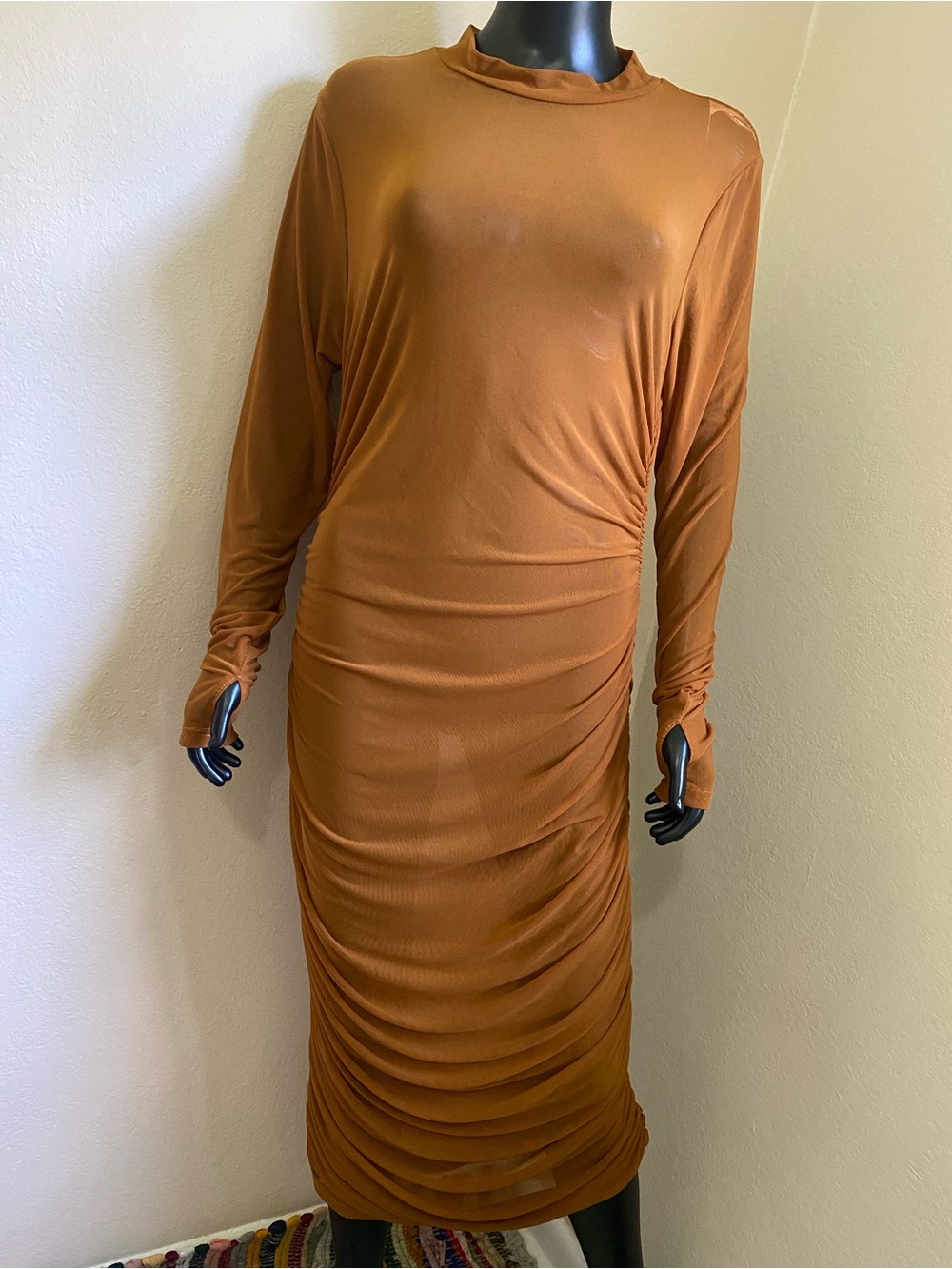 Fashion Nova Free Bird Tan Brown Sheer Long Sleeve Ruched Midi Dress NWTs - Picture 1 of 14